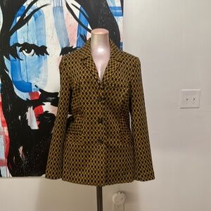 Cabi size M, long blazer, navy/gold geometric print cotton poly spandex blend.